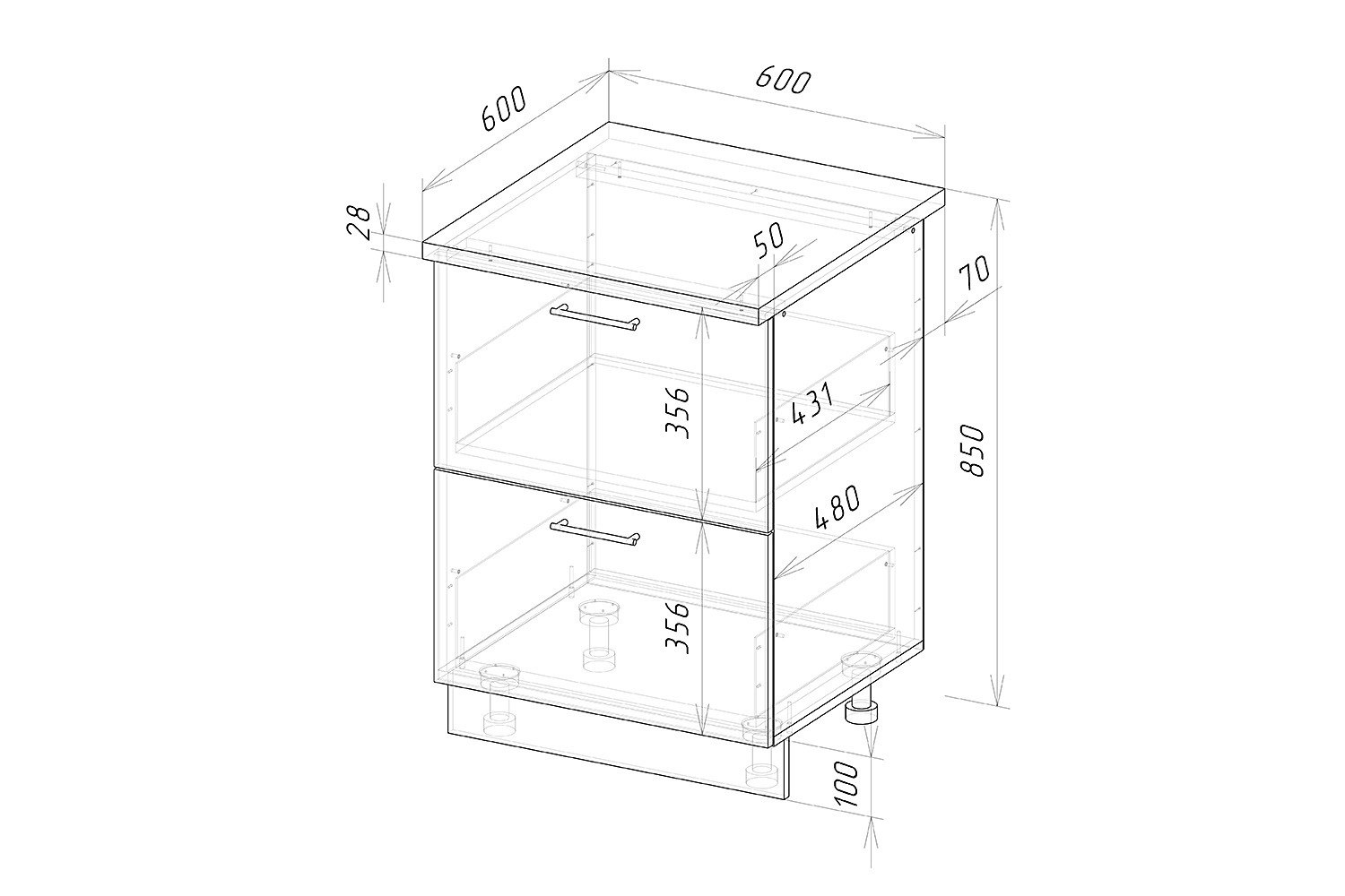Корпус стола рабочего 600х850х600 мм ГЕРДА, 2 ящика, белый