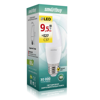 Лампа светодиодная 9,5W Е27 свеча 3К теплый С37 Smartbuy *1/10/100