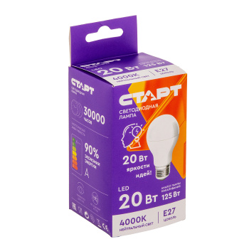 Лампа светодиодная Старт, Е27, груша, 20 Вт, 4000 К, нейтральный белый