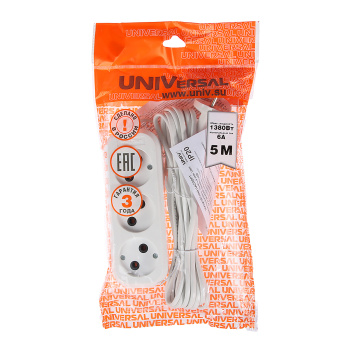Удлинитель бытовой UNIVersal У6-639, 3 розетки, 5 м, ШВВП,  2х0,75 мм2, 1300 Вт, без заземления