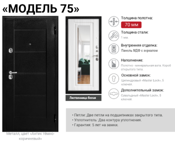 Дверь входная 2050х860х70 мм Форпост, с зеркалом, правая, антик темно-коричневый/лиственница беленая Дверь входная 2050х860х70 мм Форпост, с зеркалом, правая, антик темно-коричневый/лиственница беленая